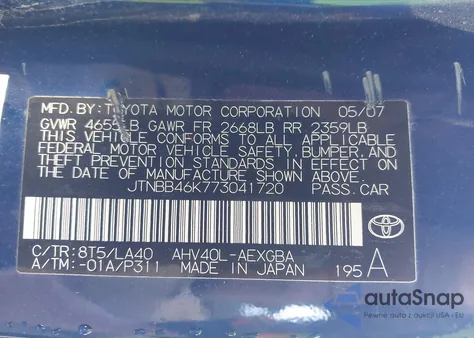 2007 Toyota Camry Hybrid z USA, uszkodzony, nr VIN JTNBB46K773041720